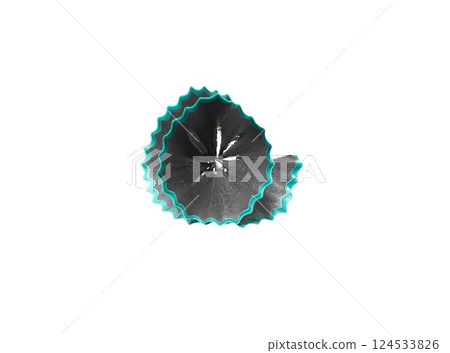 Photo of pencil shavings close-up isolated on white background. Decorative element for designers Photo of pencil shavings close-up isolated on white background. Decorative element for designers 124533826