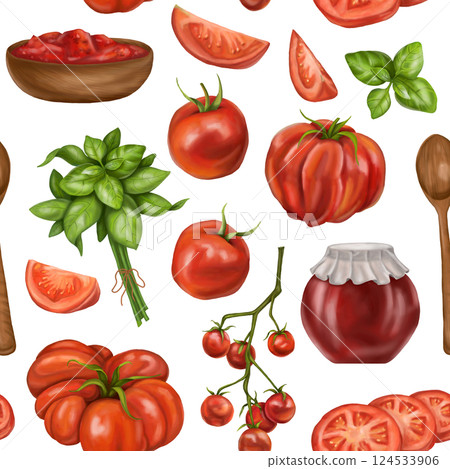 A seamless pattern with juicy red tomatoes, wooden plates with sauces. A healthy diet of vegetables and ingredients. Floral background for packaging and textiles. Digital isolated illustration 124533906