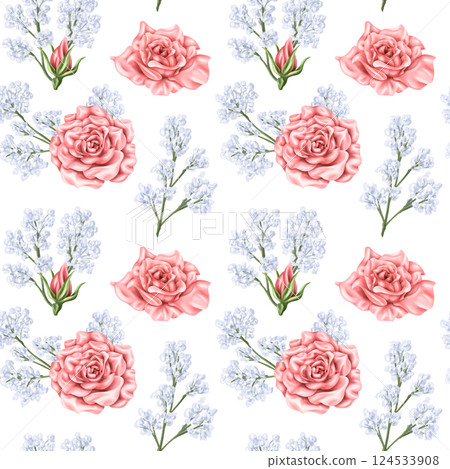 Seamless pattern of delicate blue gypsophila branches, pink roses and buds. Dried wildflowers, bouquets. Botanical motifs, decorative natural elements. Digital illustration Seamless pattern of delicate blue gypsophila branches, pink roses and buds. Dried wildflowers, bouquets. Botanical motifs, decorative natural elements. Digital illustration 124533908
