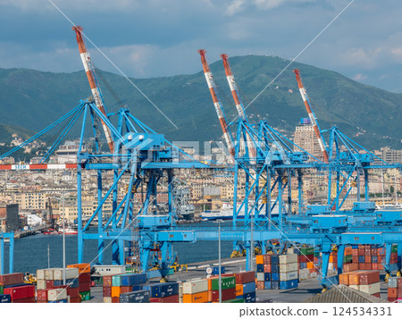 Genoa, Italy - 06 06 2021: Panoramic view of the Port of Genoa, Italy. Genoa, Italy - 06 06 2021: Panoramic view of the Port of Genoa, Italy. 124534331