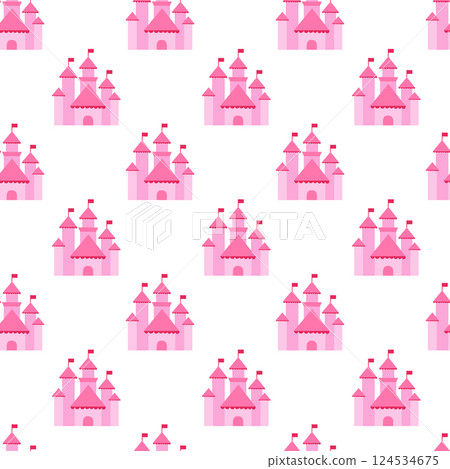 Pink Princess Castle Seamless Pattern. Vector flat illustration. Pink Princess Castle Seamless Pattern. Vector flat illustration. 124534675