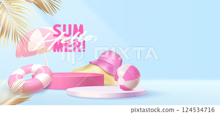 Hello summer banner with beach accessories on blue 124534716
