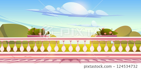 Terrace balcony with white balusters fence 124534732