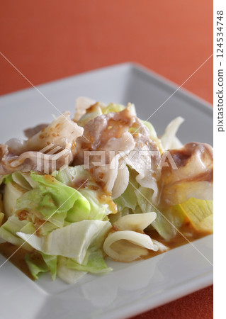 沙拉和使用豬肉涮鍋的菜餚 124534748