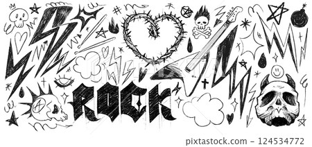 Rock music vintage sketch set Rock music vintage sketch set 124534772