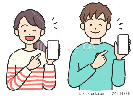 Illustration of a smiling young man and woman holding a smartphone 124534826