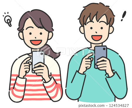 Illustration of young men and women smiling while looking at their smartphones 124534827