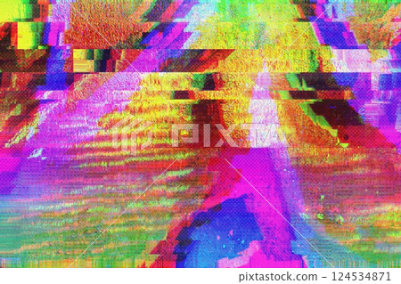 Vibrant Glitch Art Pattern in Neon Pink, Yellow, Blue for 80s, Y2K Aesthetic Vibrant Glitch Art Pattern in Neon Pink, Yellow, Blue for 80s, Y2K Aesthetic 124534871