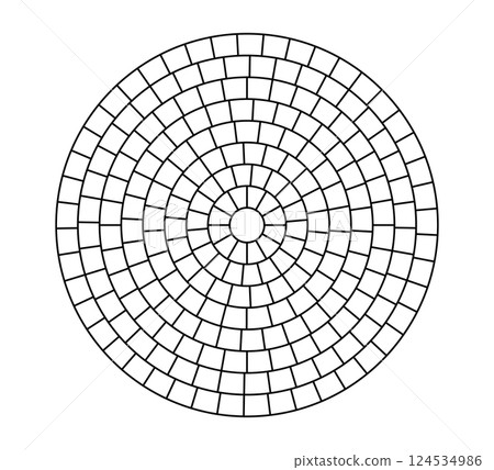 Paved circle pattern tile. Circular brick mosaic. Round radial stone pavement. Paving tile simple floor texture. Black line. Vector illustration isolated on white background 124534986