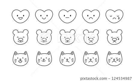 Cute doodle heart, cat and bear face icon set. Smile, sad and cry heart. Cat kawaii emoji. Hand drawn bear emoticon. Good and bad mood. Vector illustration isolated on white background 124534987
