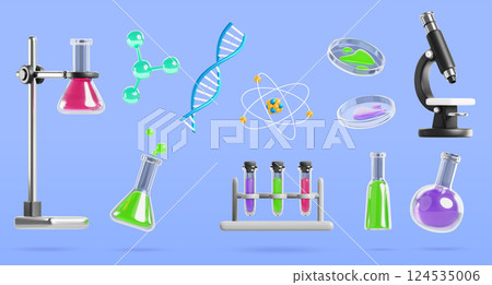 3d science laboratory equipment set. Microscope, lab glassware with color liquid, glass flask, test tube rack, holder beaker, chemical formula, dna molecule, atom, cartoon render icon. 3D illustration 3d science laboratory equipment set. Microscope, lab glassware with color liquid, glass flask, test tube rack, holder beaker, chemical formula, dna molecule, atom, cartoon render icon. 3D illustration 124535006