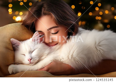 A white cat sleeping next to its owner, a young girl 124535145