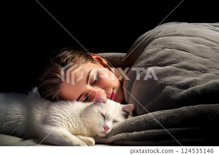 A white cat sleeping face to face with a woman A white cat sleeping face to face with a woman 124535146