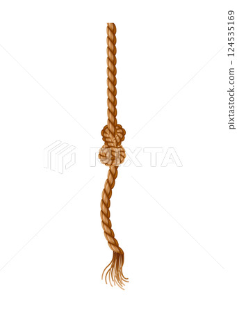 Hanging rope with tassel and node. Knitted nautical thread or marine vertical fiber. Textile tassel hang at rope isolated on white background. Vector illustration 124535169