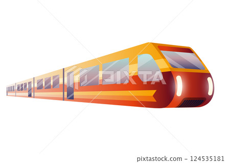 Railway station with train. Empty station interior with retro style train. Passenger carriages tourism. Cartoon vector illustration 124535181