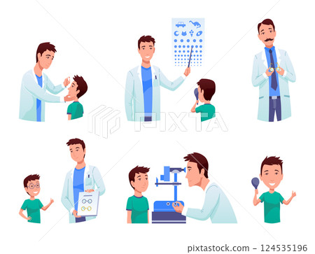 Eyesight diagnostics icon set. Optometrist checking kid eyesight with spectacles medical equipment. Ophthalmologist doctor examining eyesight vision of patient. Ophthalmology clinic 124535196