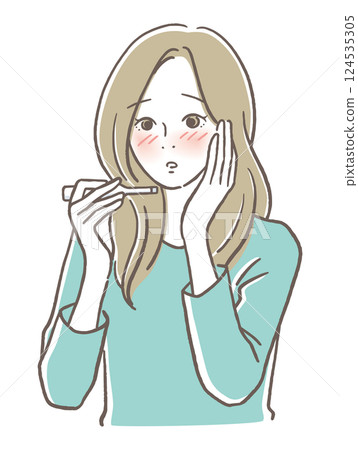A woman with a feverish face looking at a thermometer 124535305