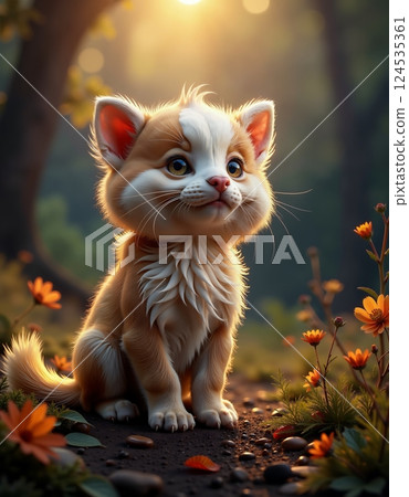 Adorable kitten in enchanted forest at sunset 124535361