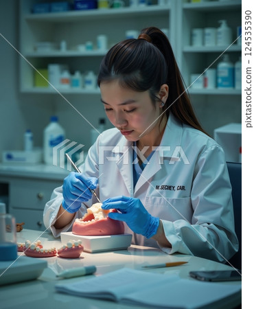 Dental technician crafting prosthetic teeth in laboratory setting 124535390