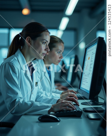 Female scientists conducting research in a modern laboratory setting 124535413