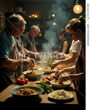 Group cooking class: culinary teamwork and joyful meal preparation 124535438