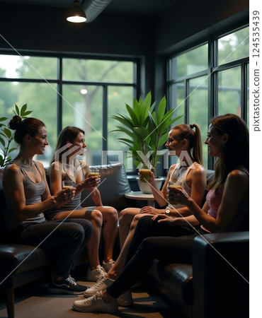 Group of women socializing in a cozy cafe environment 124535439