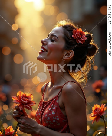 Joyful woman in floral dress surrounded by sunlit orange blooms 124535455