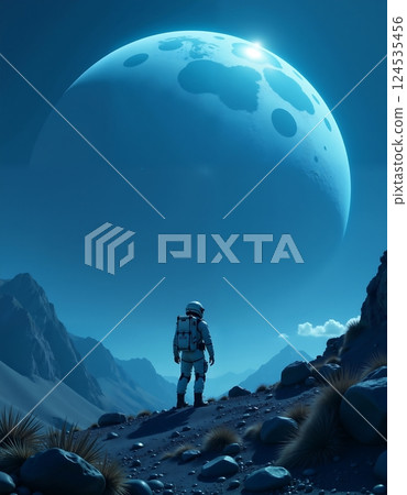 Lone astronaut exploring moonlit alien landscape for sci-fi adventure 124535456