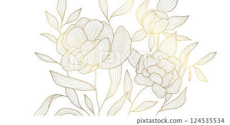 Vector gold line flowers illustration. Nature blossom oriental graphic, romantic decoration floral background, art deco ornate chinese roses, peonies. Vector gold line flowers illustration. Nature blossom oriental graphic, romantic decoration floral background, art deco ornate chinese roses, peonies. 124535534