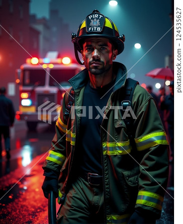 Brave firefighter in action during nighttime city emergency 124535627