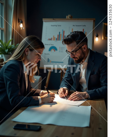 Business professionals collaborating on data-driven project in modern office setting 124535630