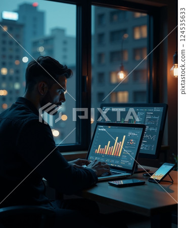 Businessman analyzing data at night in modern office with multiple screens Businessman analyzing data at night in modern office with multiple screens 124535633