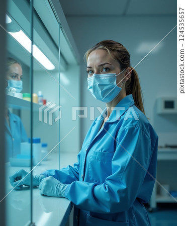 Female scientist in laboratory setting wearing protective gear 124535657