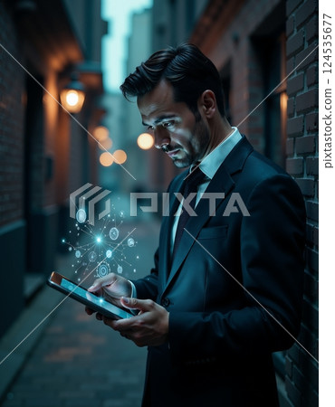 Futuristic technology concept with businessman in urban setting 124535677
