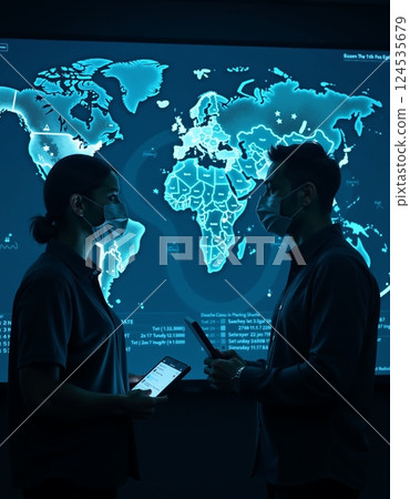 Global pandemic strategy meeting with interactive world map display 124535679