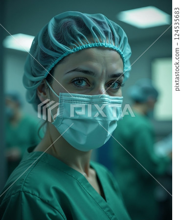Healthcare professional in surgical attire highlighting medical safety 124535683