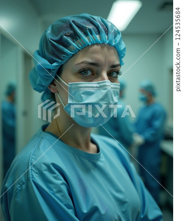 Healthcare professional in surgical attire preparing for surgery with focused expression 124535684
