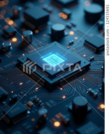 High-tech circuit board with glowing microchip and integrated components 124535691