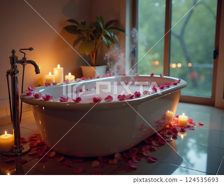 Luxurious spa ambiance with candlelit bath and rose petals for relaxation 124535693