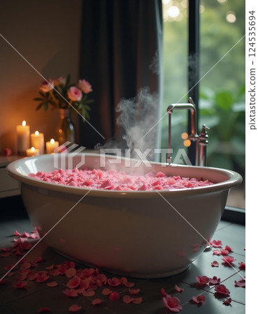 Luxury spa bath with rose petals and ambient candlelight for relaxation 124535694