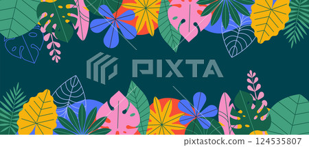 Tropical leaves colorful summer background. Botanical summer frame, banner, poster design with 124535807
