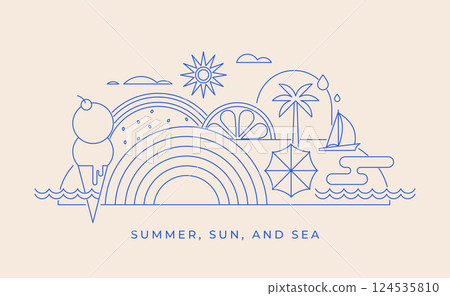 Minimalist summer concept design. Linear simple, modern style. Summer background with palms, beach Minimalist summer concept design. Linear simple, modern style. Summer background with palms, beach 124535810