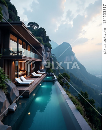 Luxury mountain retreat with infinity pool overlooking scenic landscape 124535817