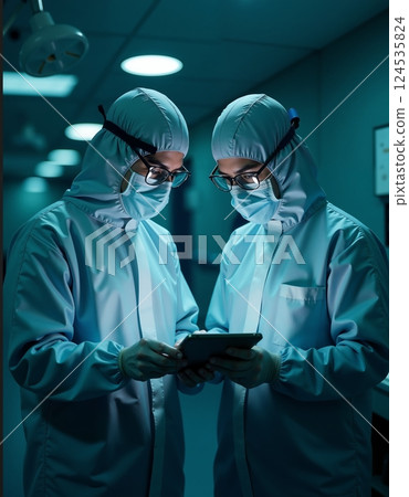 Medical professionals in sterile environment discussing patient treatment strategies 124535824