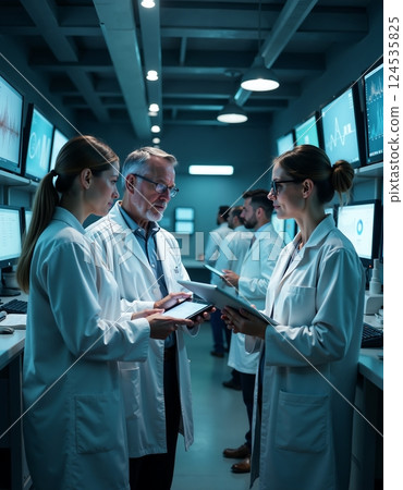 Medical team collaboration in a modern tech-driven research laboratory 124535825