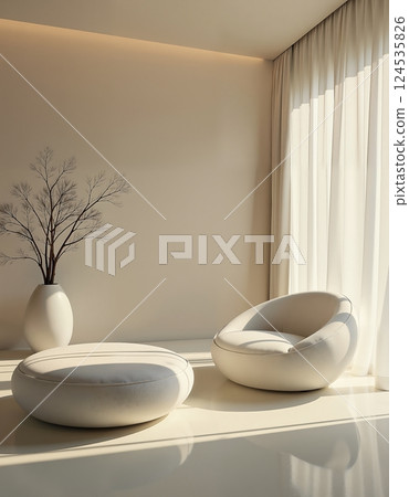Minimalist interior design with modern furniture featuring soft neutral tones 124535826