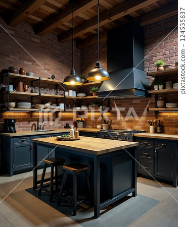 Modern industrial kitchen design with brick walls and wooden accents 124535837