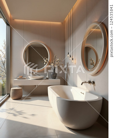 Modern luxurious bathroom with minimalist design and natural light 124535841