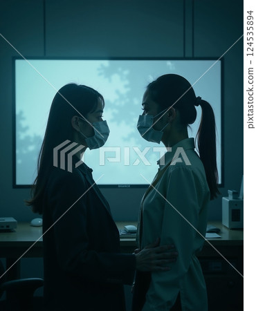 Silhouette of two women in masks in dimly lit office setting 124535894