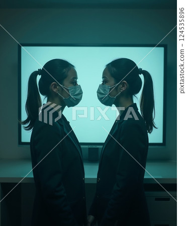 Social distancing concept: dual figures in face masks with reflective screen background 124535896